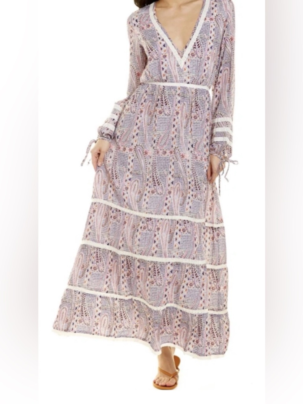 Melissa Odabash Kristen Pink Paisley Tiered Maxi Dress with lace  size S